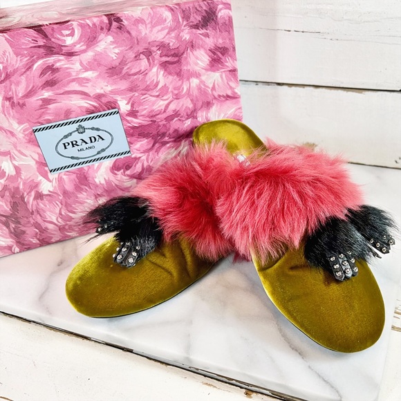 Prada Olive Velvet Mont Gist Tassel Slippers - Picture 2 of 7